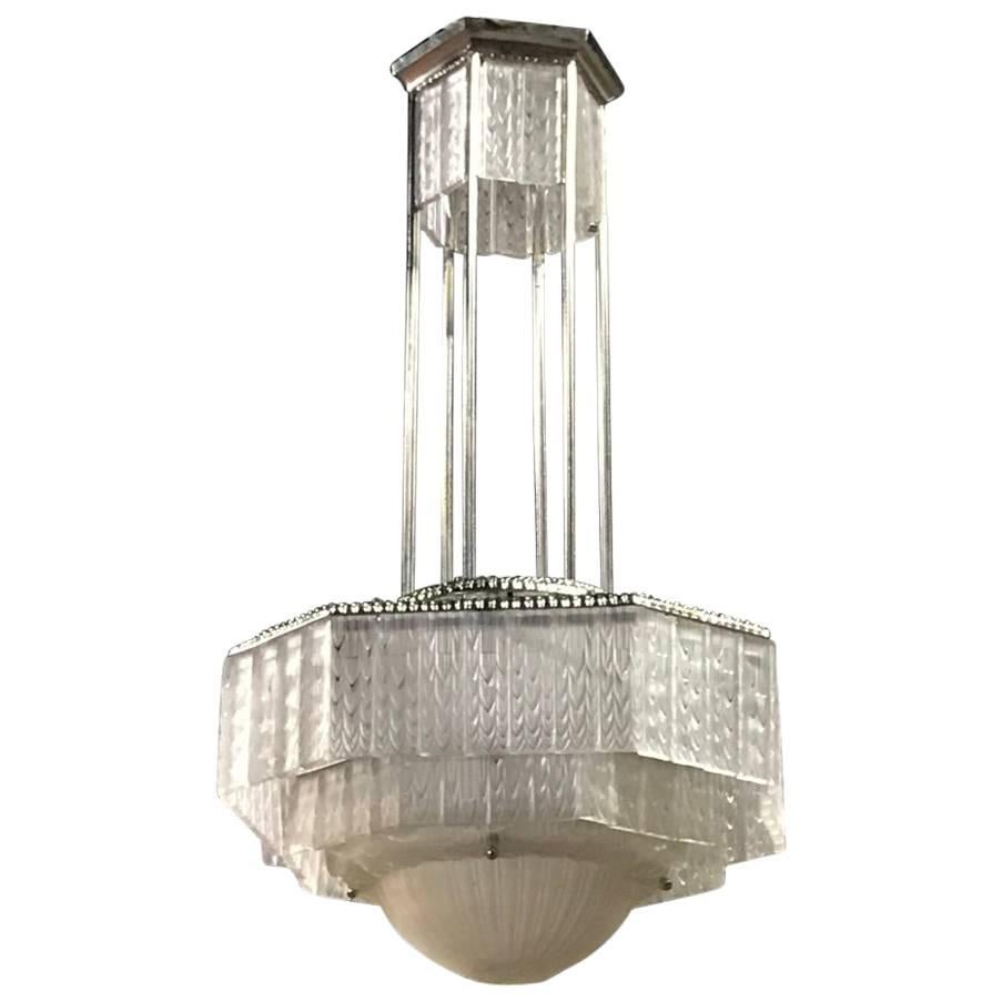 French Art Deco Geometric Chandelier by Georges Leleu