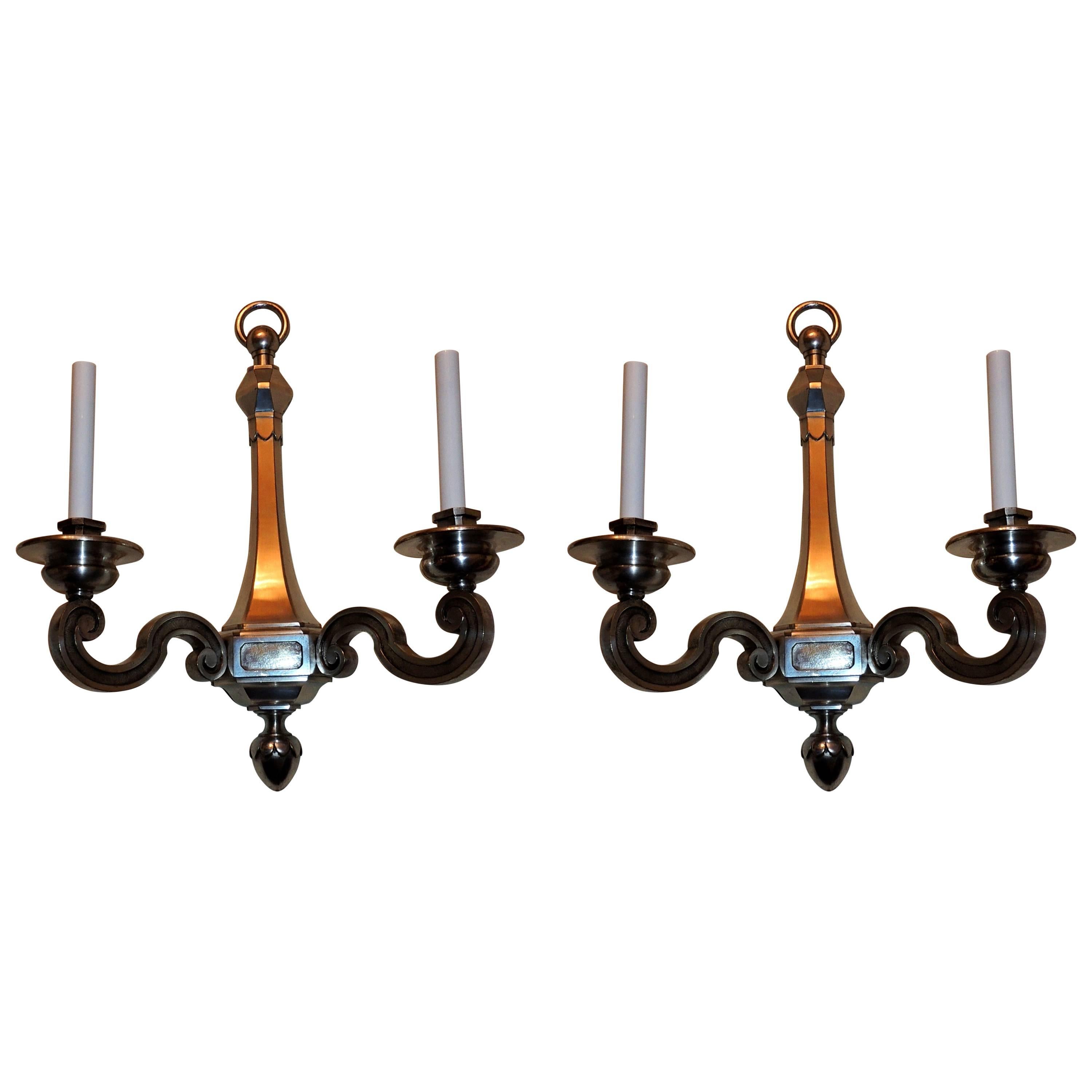 handsome Pair Silvered Bronze Caldwell Regency Neoclassical Large Wall Sconces