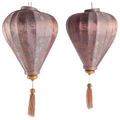 Pair of Antique Asian Lanterns in Silk and Wood
