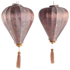 Pair of Antique Asian Lanterns in Silk and Wood 1