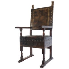 Important Armchair in the Style of Louis XIII in Walnut and Original Leather