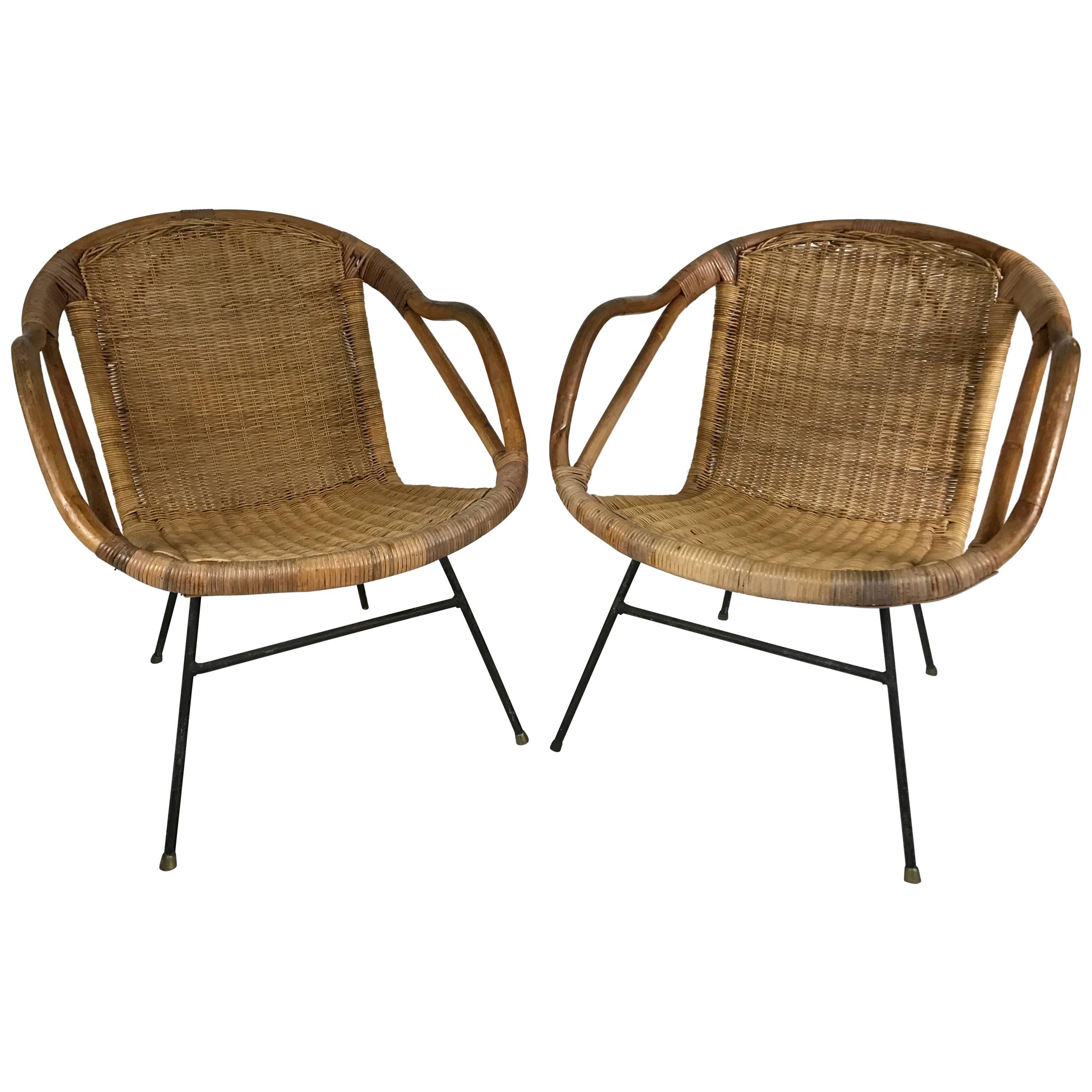 Rattan and Wrought Iron Armchairs in the Manner of Arthur Umanoff