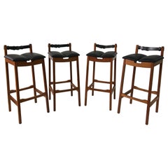 Tabourets de bar danois vintage en teck avec sangle de ceinture en cuir - lot de 4
