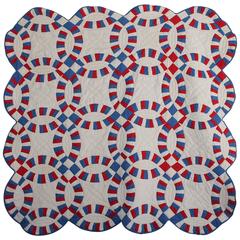 Amazing Signed and Dated Patriotic Double Wedding Ring Quilt 12