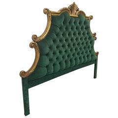 French Provincial Hollywood Regency Style Green Velvet Tufted King Headboard