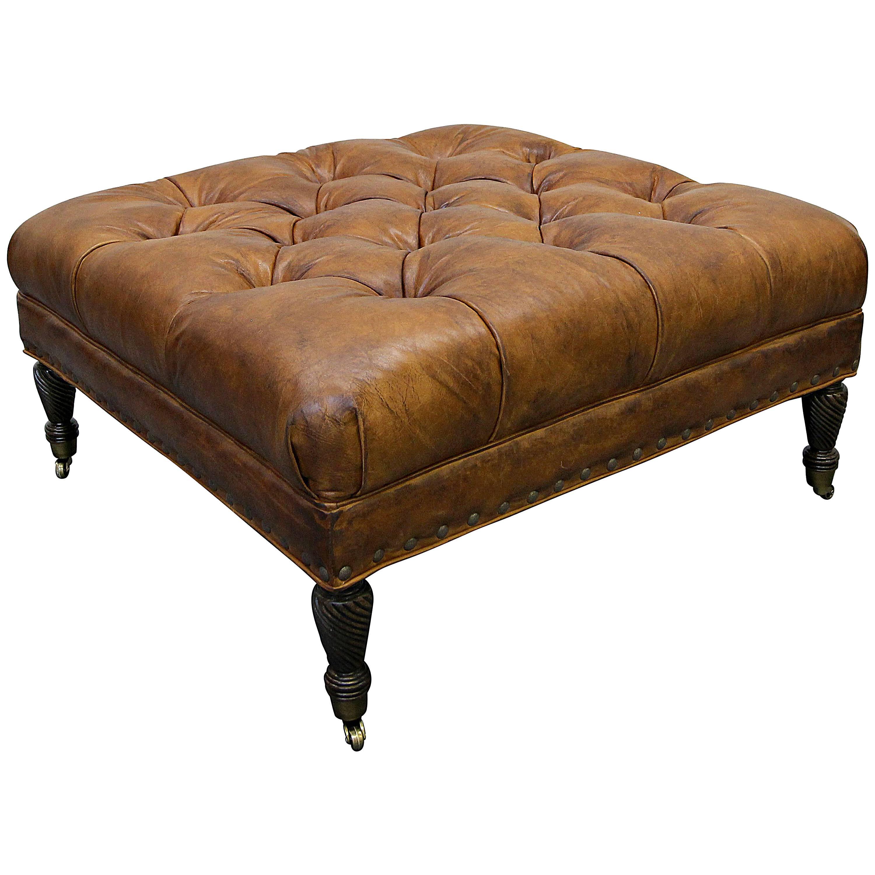 Large English Style Leather Tufted Chesterfield Ottoman with Gorgeous Patina