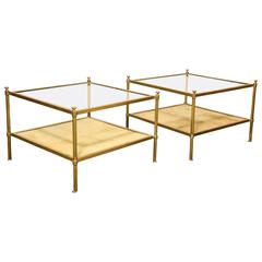 Pair of Brass and Goatskin Square Two-Tier Low Tables