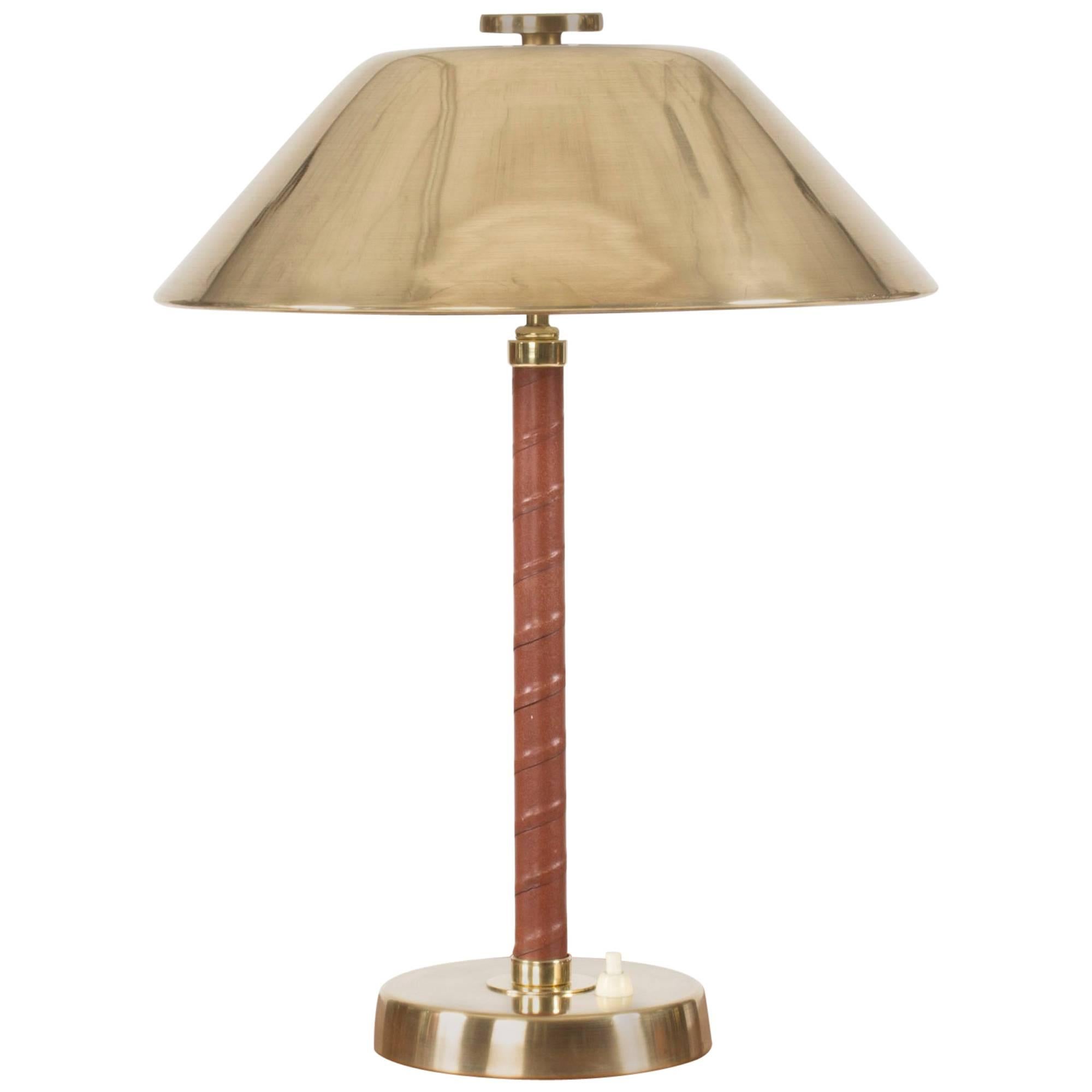Brass and Leather Table Lamp by Einar Bäckström