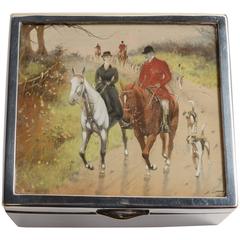 20th Century Edwardian Silver Plated Trinket Box with Hunting Scene