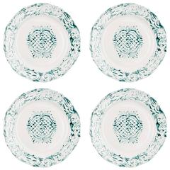 Hand Printed Green and White Tribal Dinner Plates, Set of Four