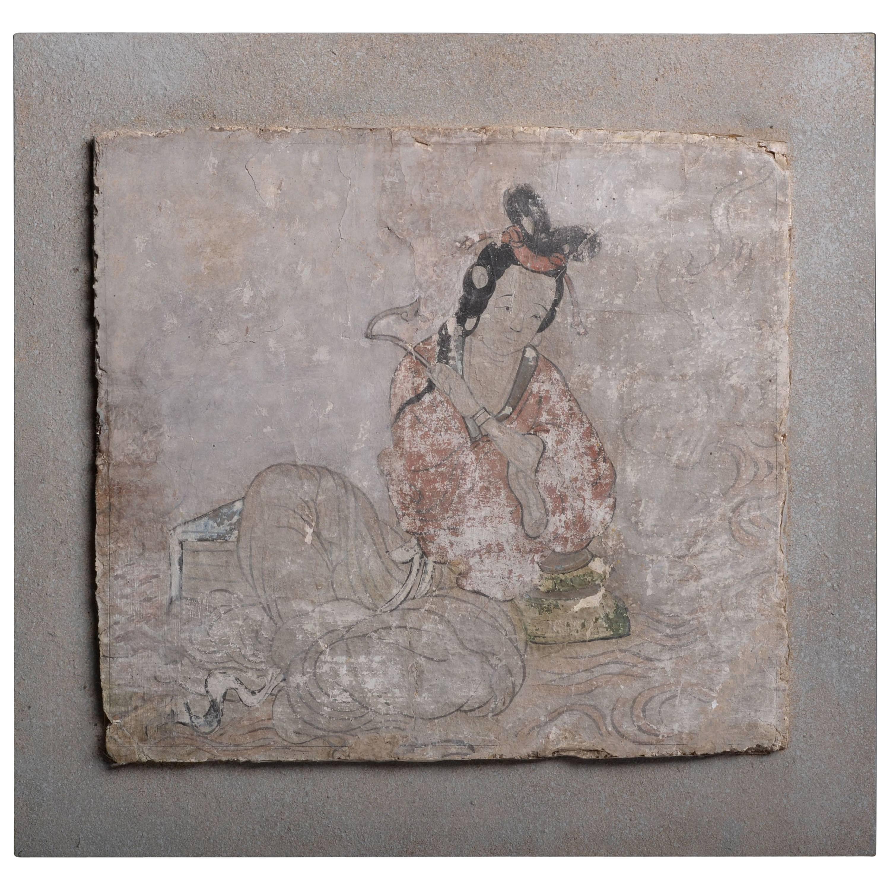 Ancient Chinese Tang Dynasty Stucco Fresco Panel, 700 AD