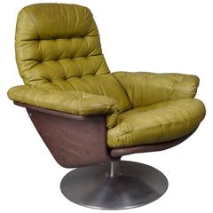 Mid-Century Vintage Retro Swedish Green Leather Swivel Lounge Armchair by DUX