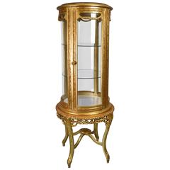 Antique Style French Louis Gilt Circular Display Cabinet Marble Top