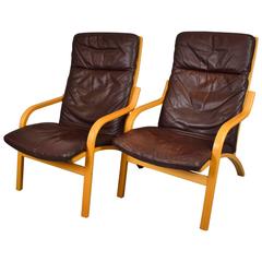 Mid-Century Vintage Danish Pair of Stouby Dark Brown Leather Lounge Armchairs