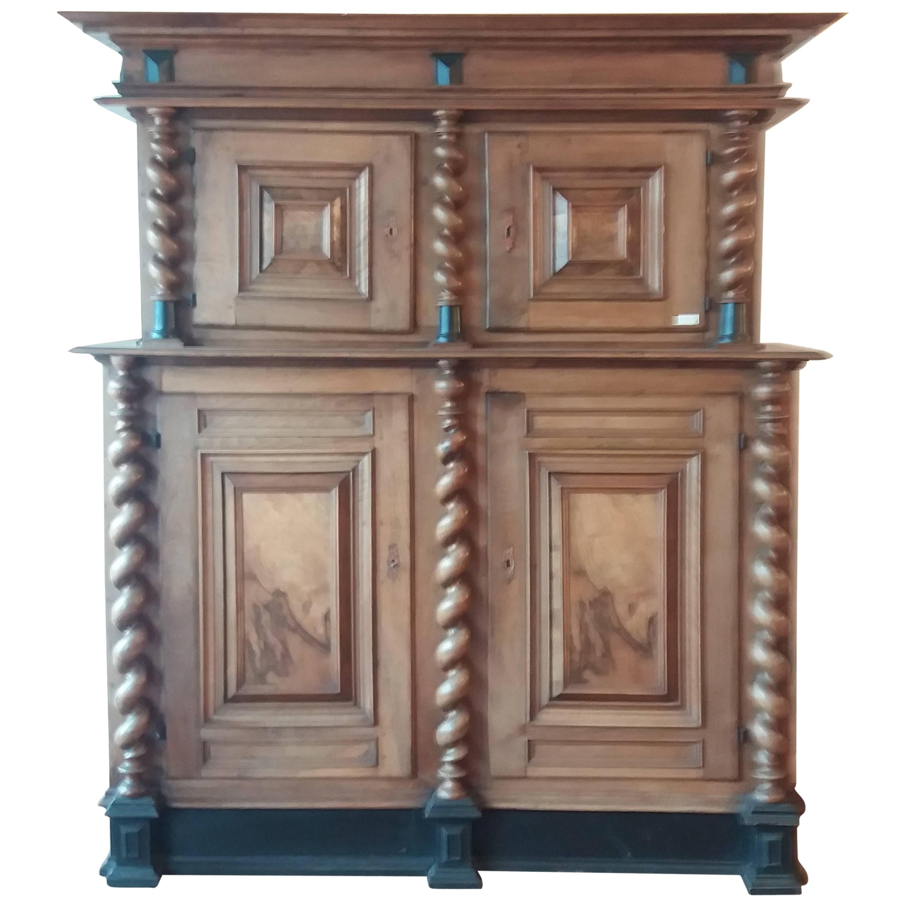 17th Century Baroque Carved Walnut Wood Cabinet For Sale