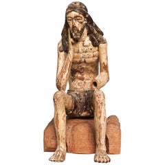 19th Century Carved Fruitwood Sitting Martyr Figure, Christ on a Rock