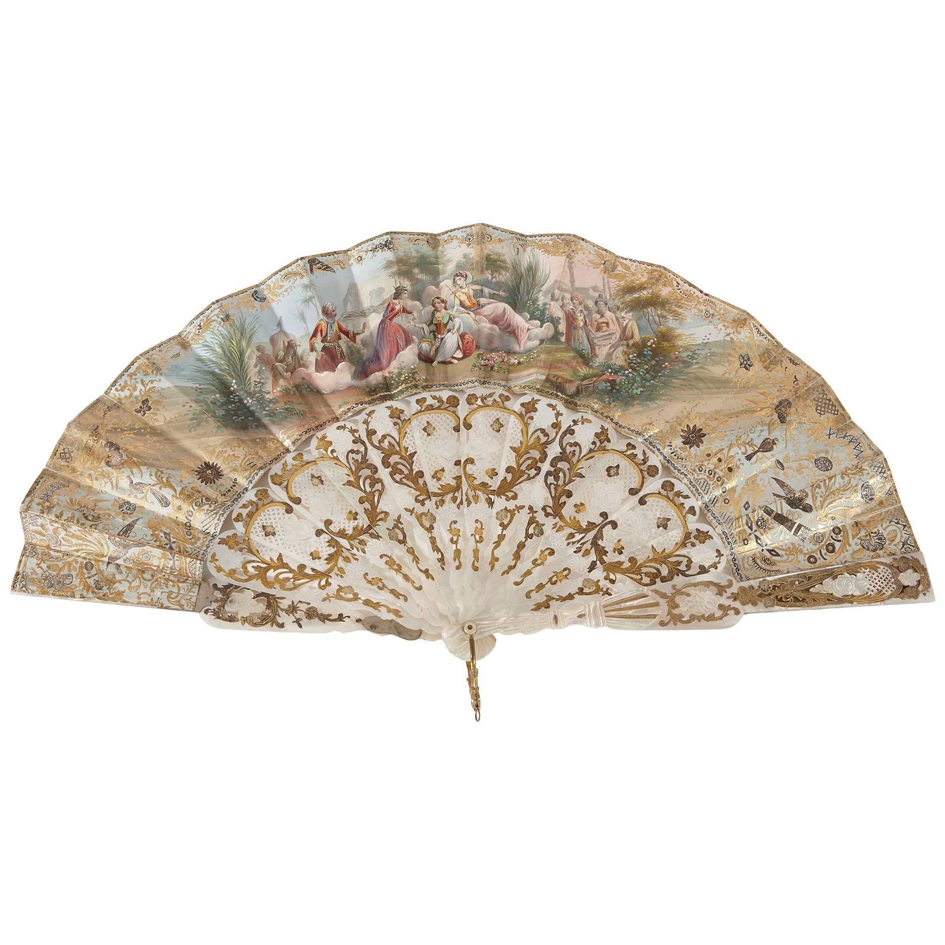 Parcel-Gilt, Mother-of-Pearl, Silk and Paper Antique Fan