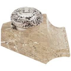 19th Century Victorian Silver Topped and Cut-Glass Ink Pot and Pen Tray