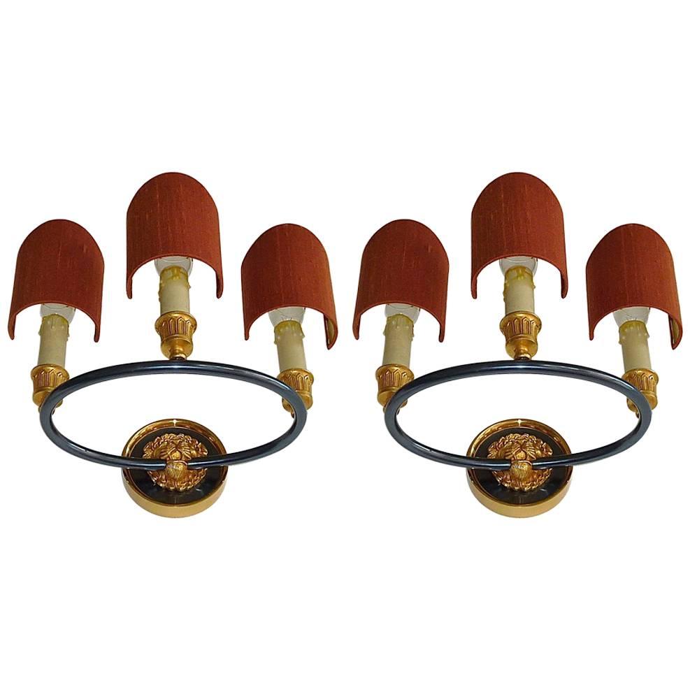 Signed Pair Maison Bagues Sconces Gilt Bronze Red Silk Shades Wall Lamp Jansen