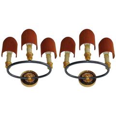 Pair of French Gilt Bronze Maison Bagues Appliques with Red Silk Shade 9