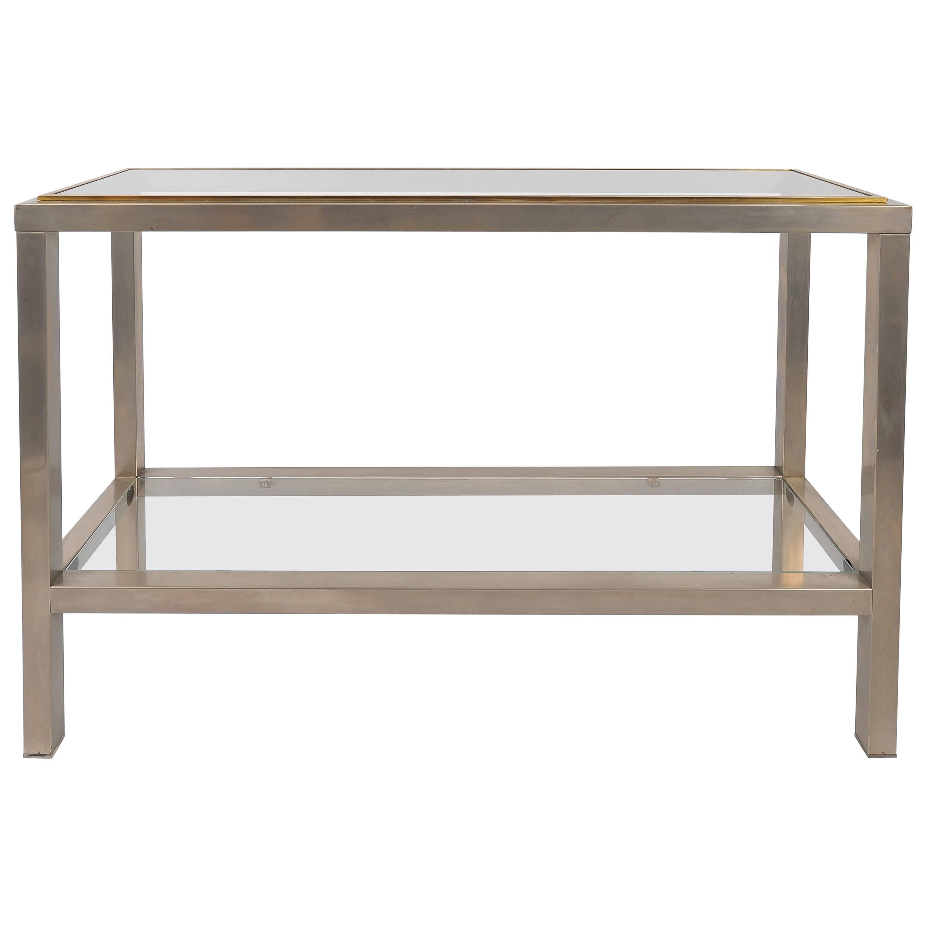 French 1970s Brushed Steel and Brass Console Table