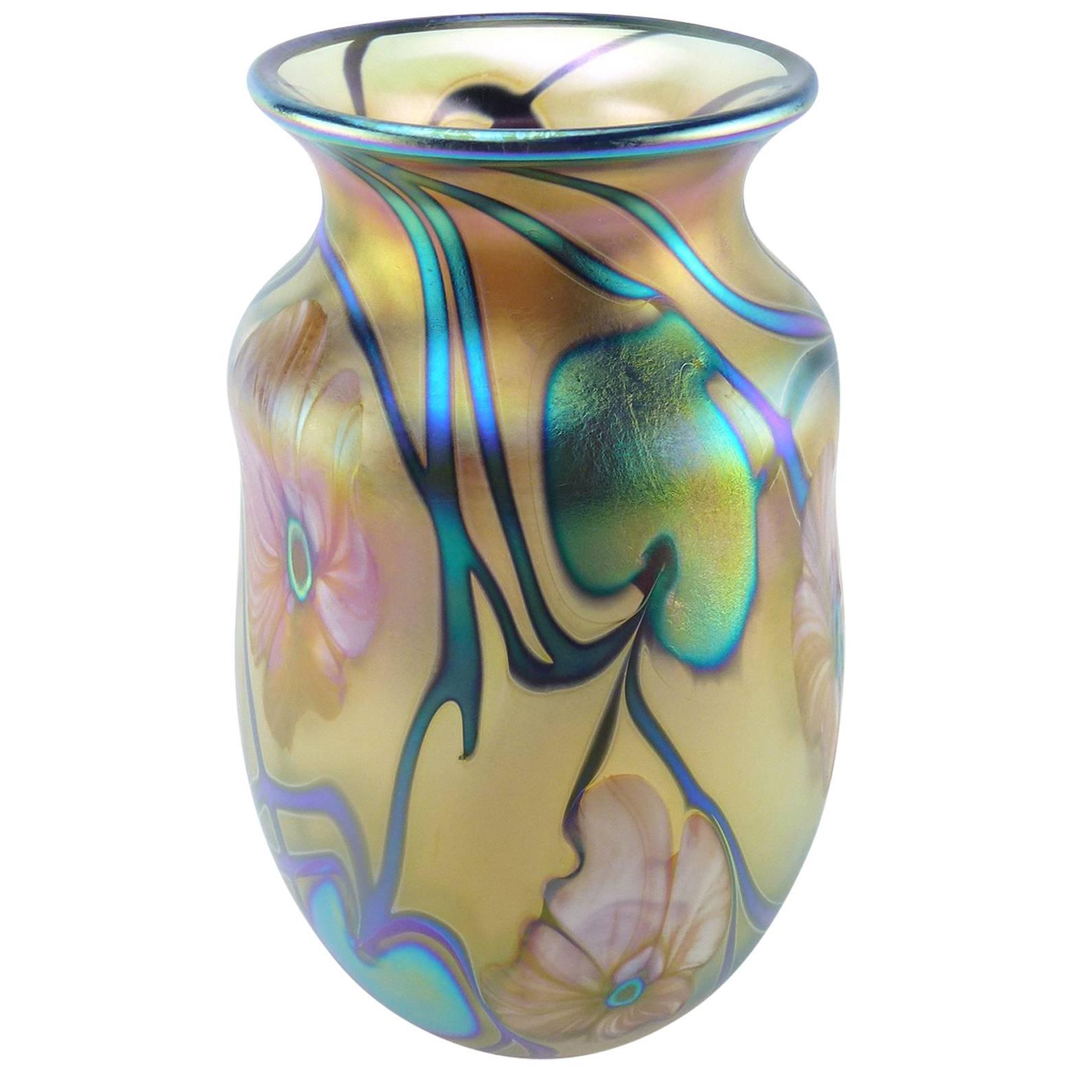Charles Lotton Studio Art Glass Vase Multi Flora Gold Iridescent, 2002 For Sale