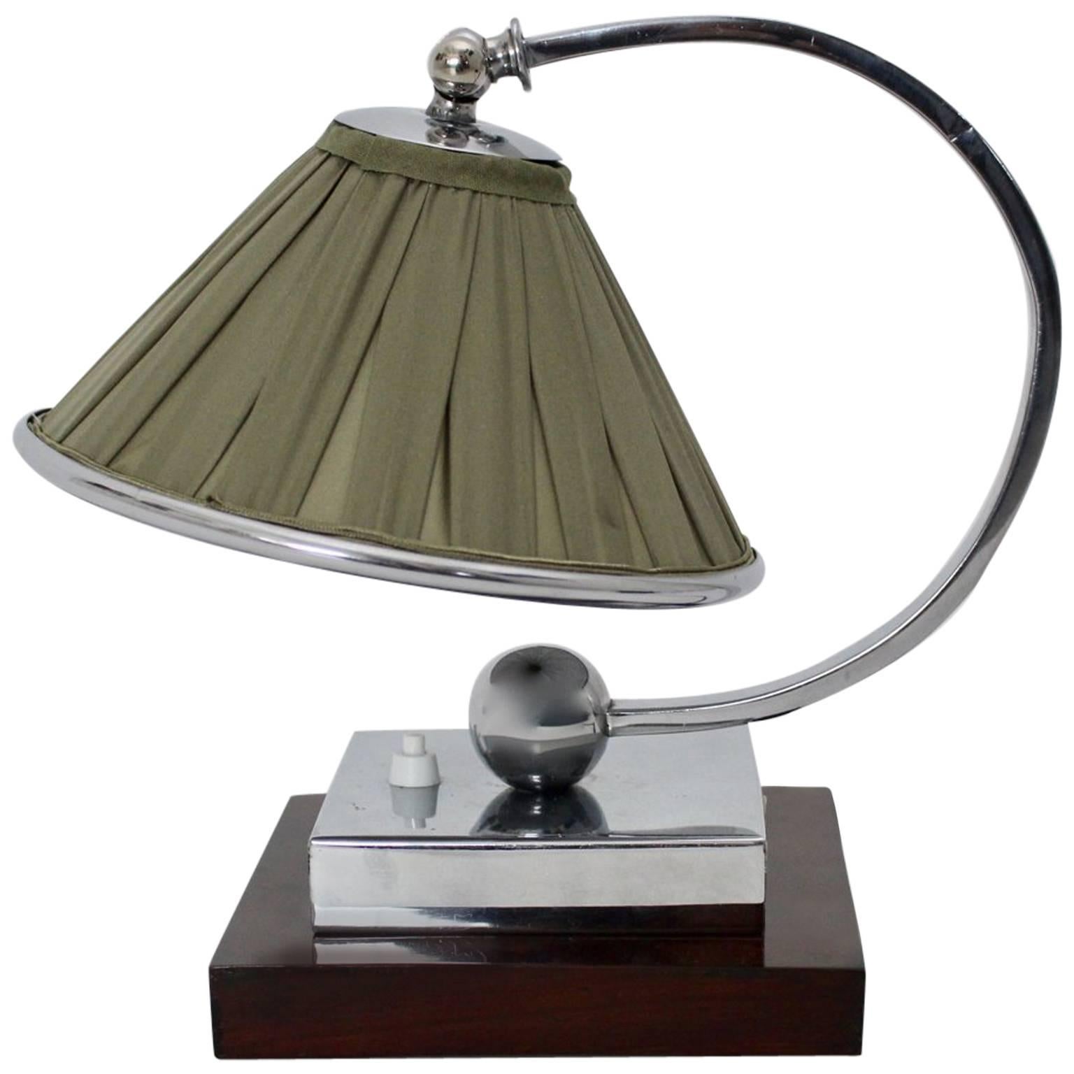 Art Deco Wood Chromed Metal Green Fabric Vintage Table Lamp, France