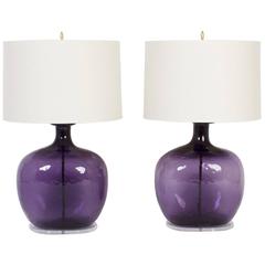 Modern Pair of Purple Glass Table Lamps