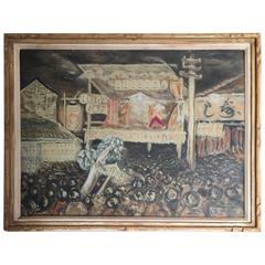 Noh Play Japan Inviting Antique Impressionist Oil Painting Signed, 1930