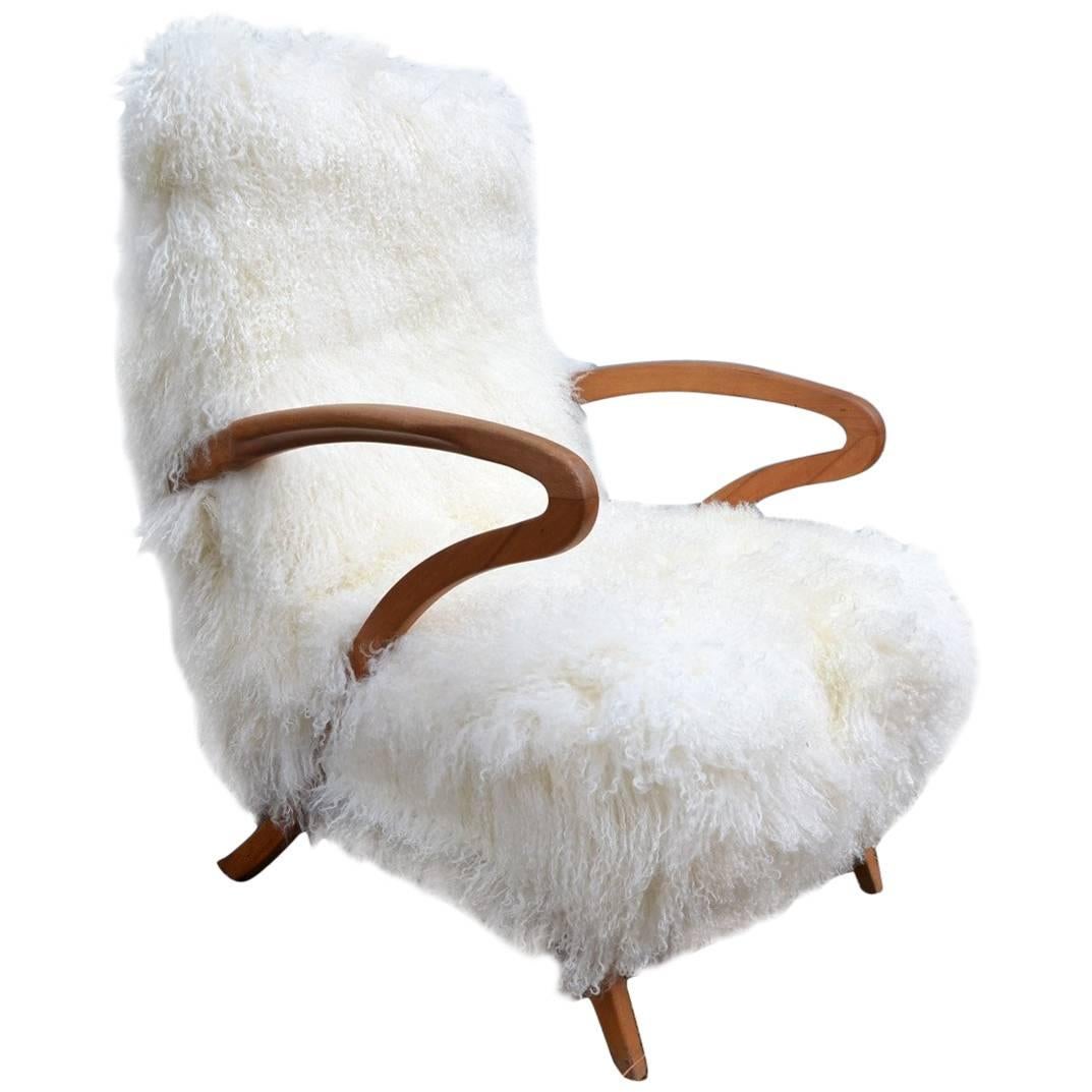 Beautiful Italian Armchair Reupholstered Tibet Lamb Fur, circa 1960 For Sale