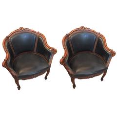 Handsome Pair of Carved Wood and Black Leather Club Chairs