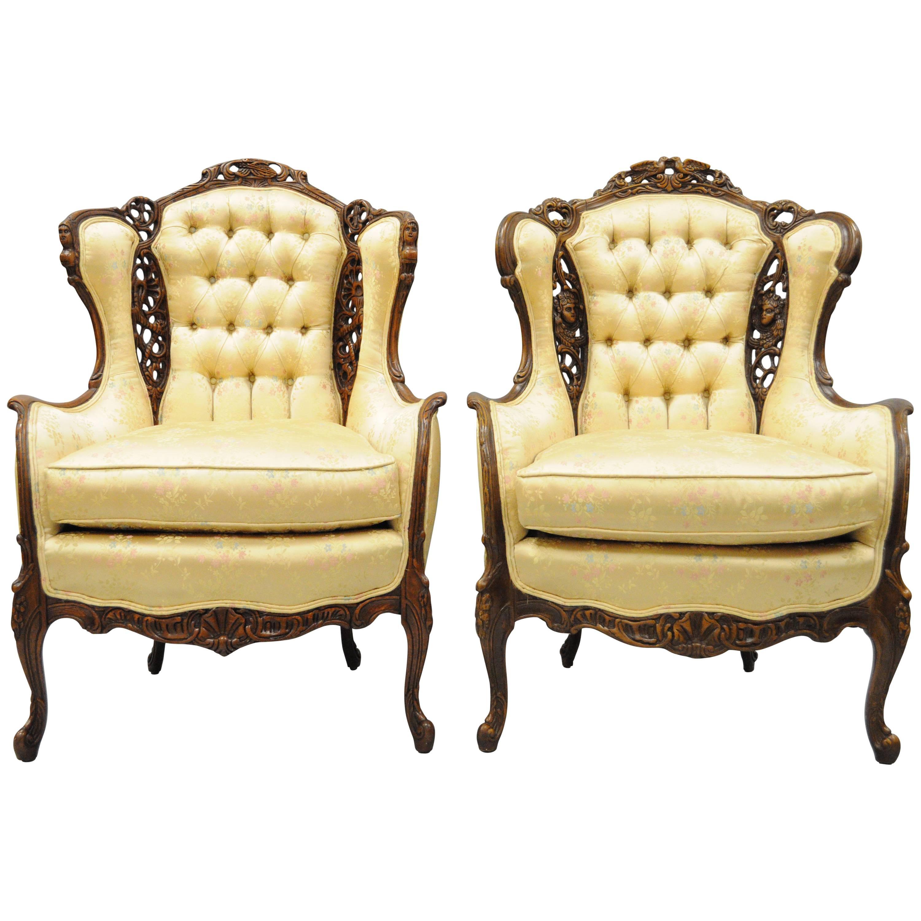 Pair of Carved Wingback French, Louis XV Style Chairs Figural Living Room Parlor