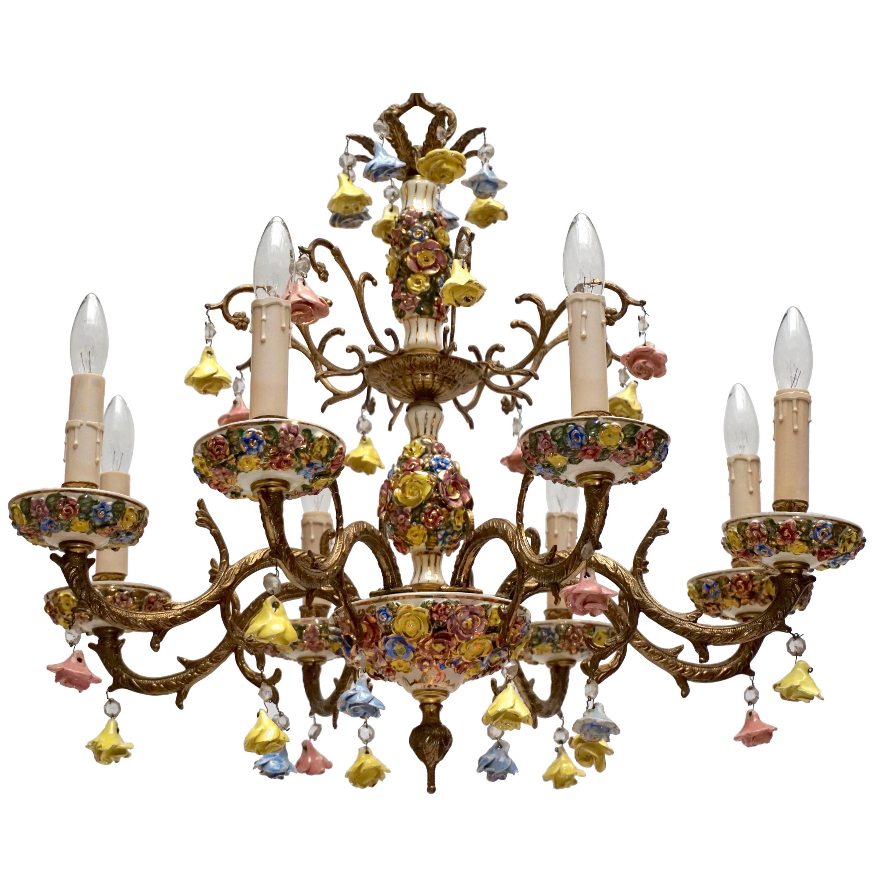Gilt Iron with Porcelain Flowers Chandelier