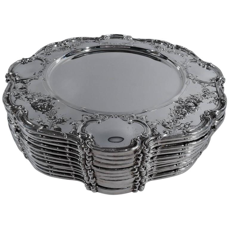 Set of 12 Gorham Edwardian Sterling Silver Dinner Plates Chargers For