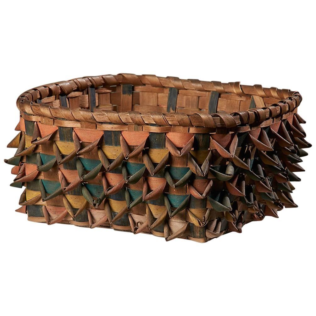 Native American Ribbon-Work Square Basket For Sale