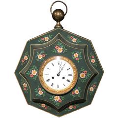 Antique 19th Century French Napoleon III Tole Wall Clock with Hand-Painted Flowers