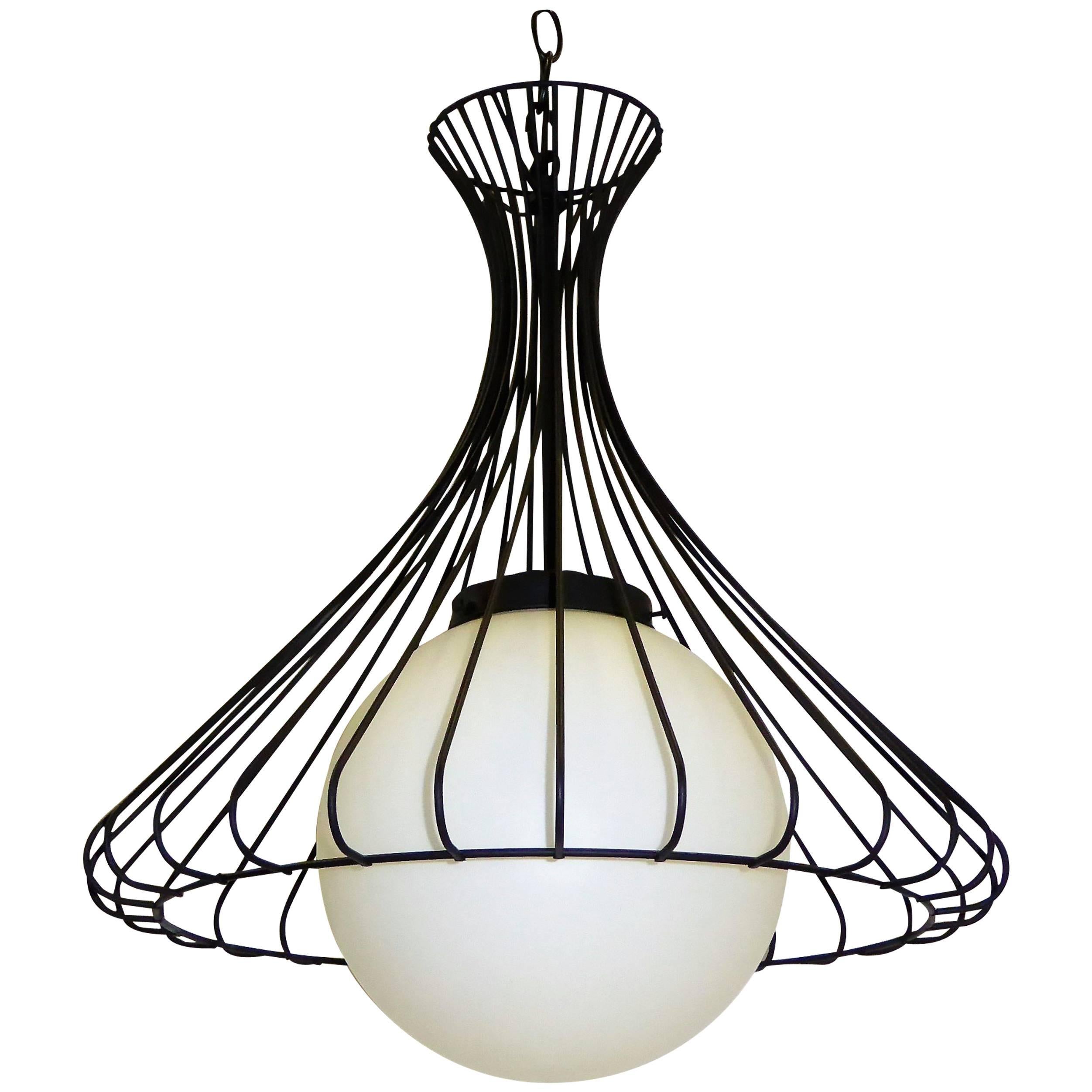 1950s Satin Glass Globe Chandelier with Sculptural Steel Wire Bell