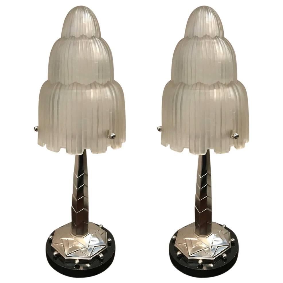 Pair of French Art Deco Table Lamps Signed by Sabino with Marble Base