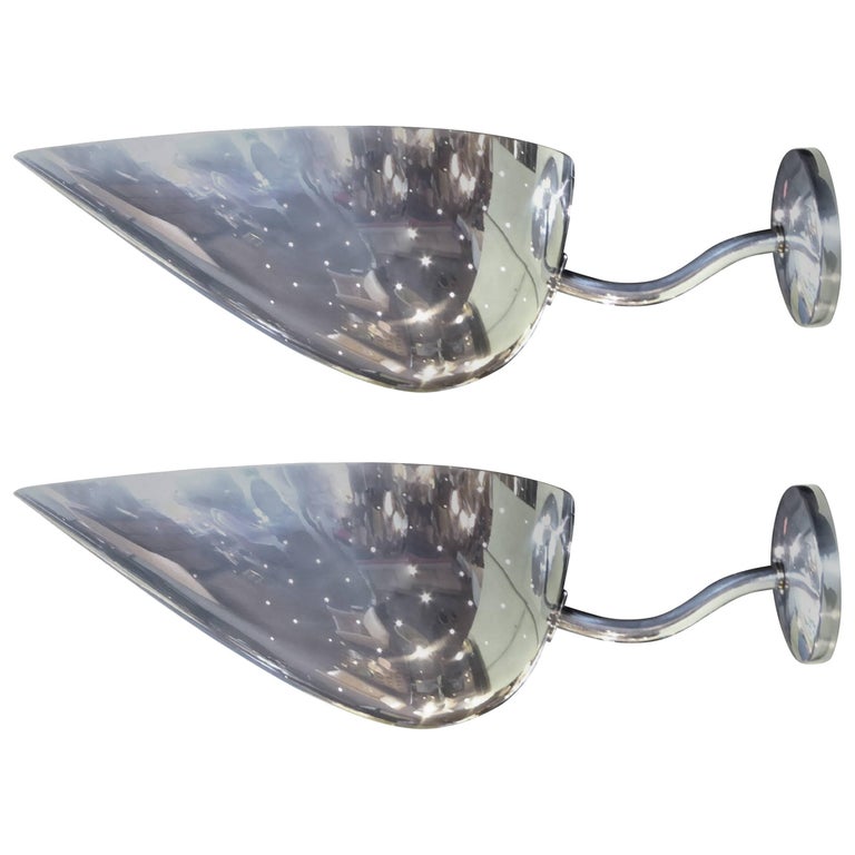 Pair Monumental Carl-Axel Acking Polished Aluminum Sconces Sweden For Sale