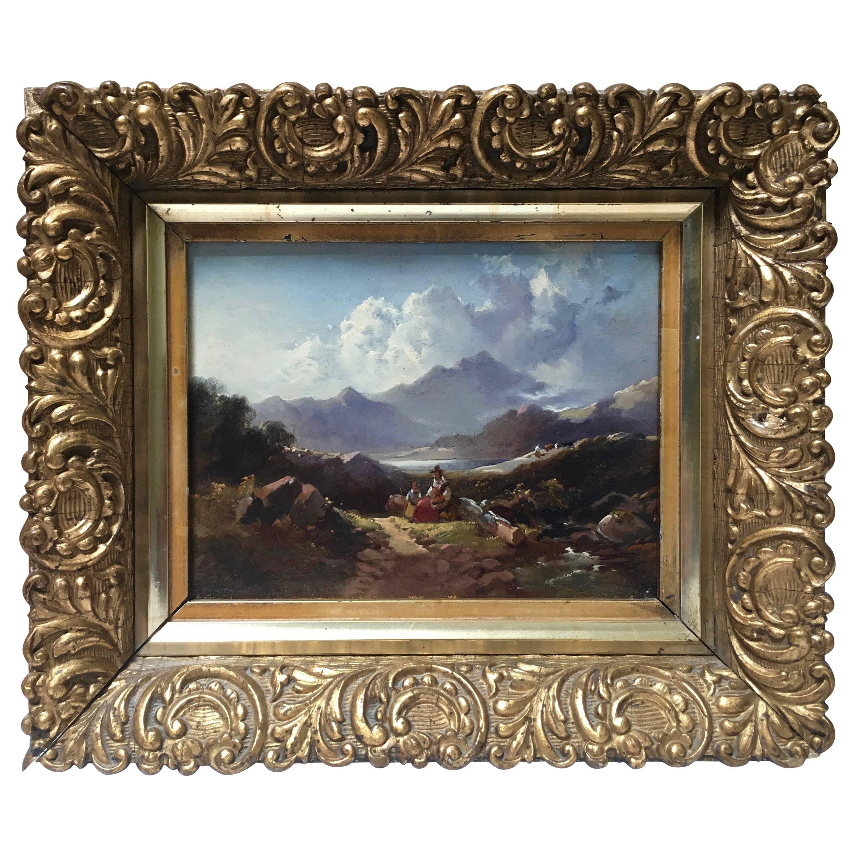 19th Century Oil on Board Mountain Painting with Gilt Frame