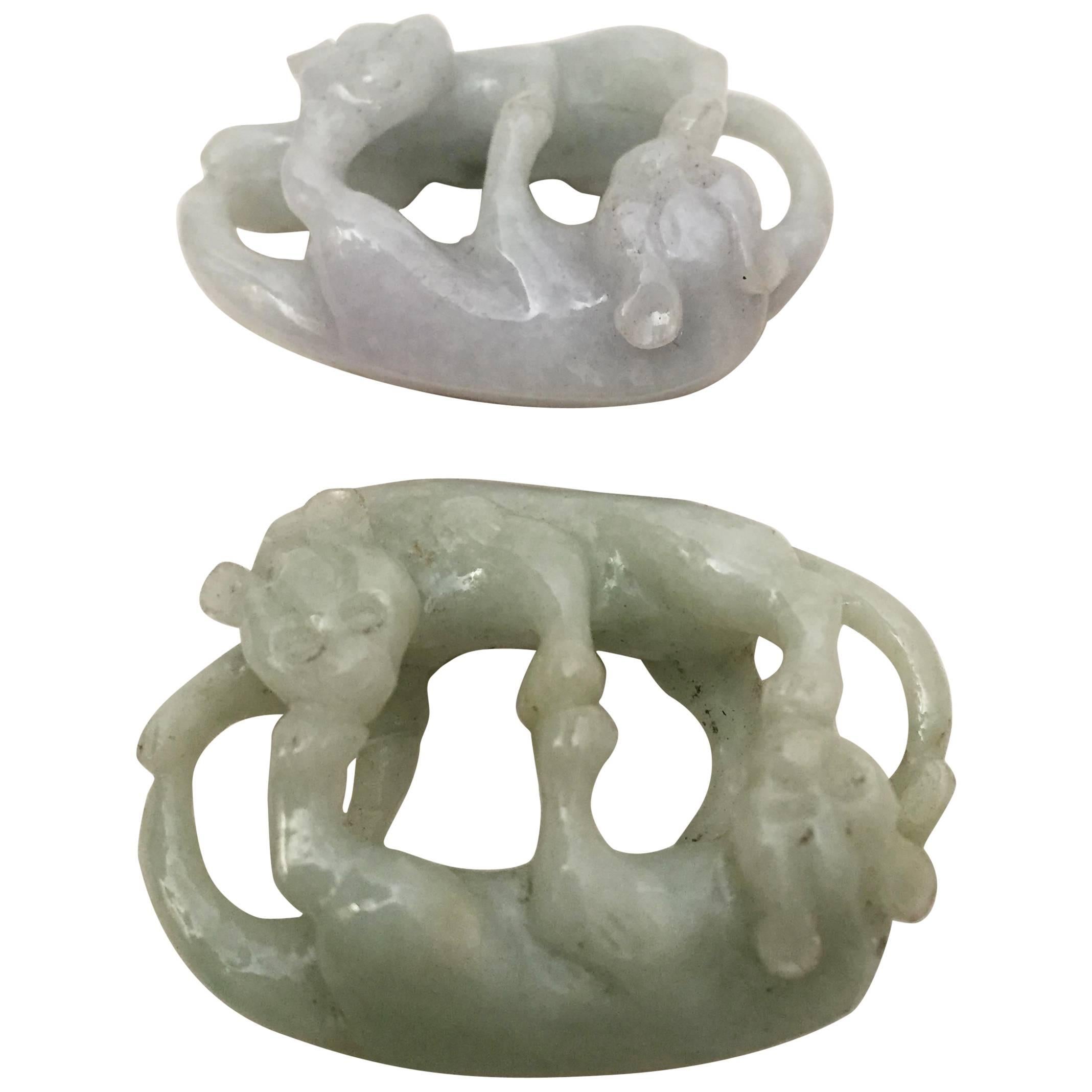 20th Century Chinese Green Jade and Lavender Jade Double Cat Pendants For Sale
