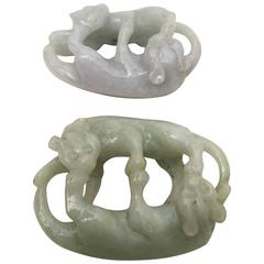 20th Century Chinese Green Jade and Lavender Jade Double Cat Pendants