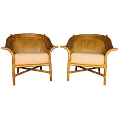 Pair of Rattan Club Chairs with Fan Backs Vintage in the Style of McGuire