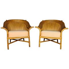 Pair of Rattan Club Chairs with Fan Backs Vintage in the Style of McGuire 11