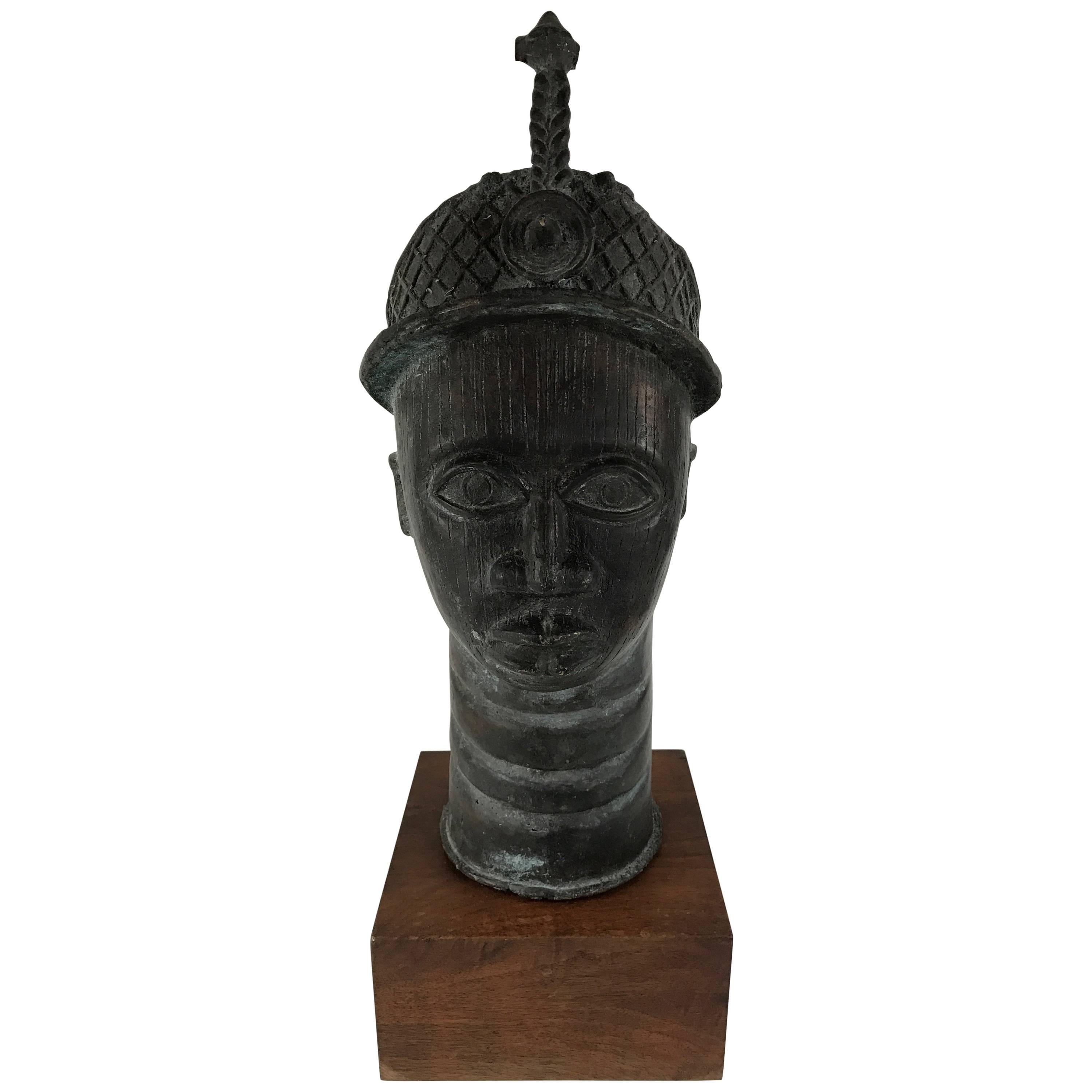 African Bronze Head Sculpture of King Oba