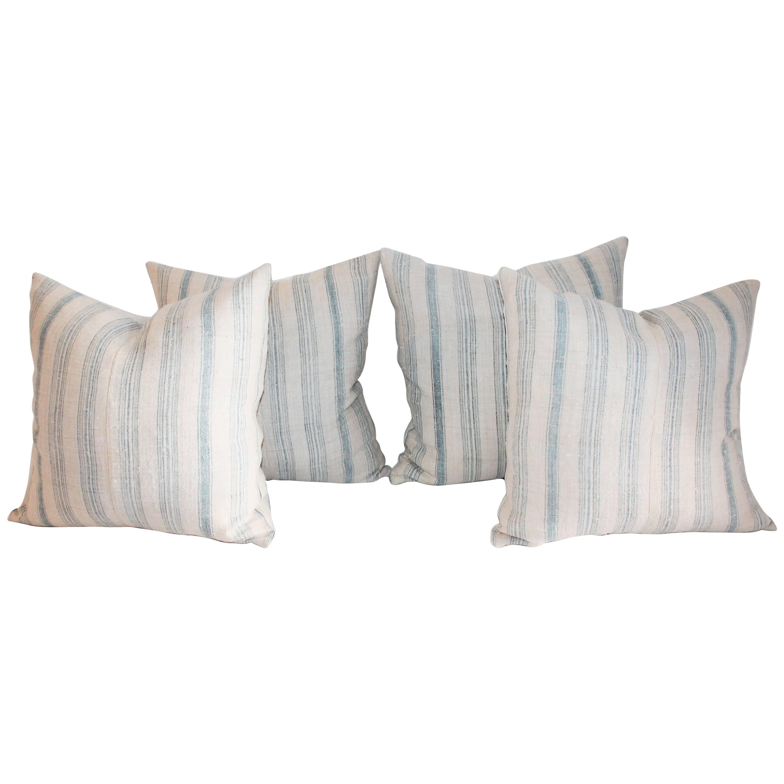 Two Pairs of Striped 19th Century Linen Ticking Pillows
