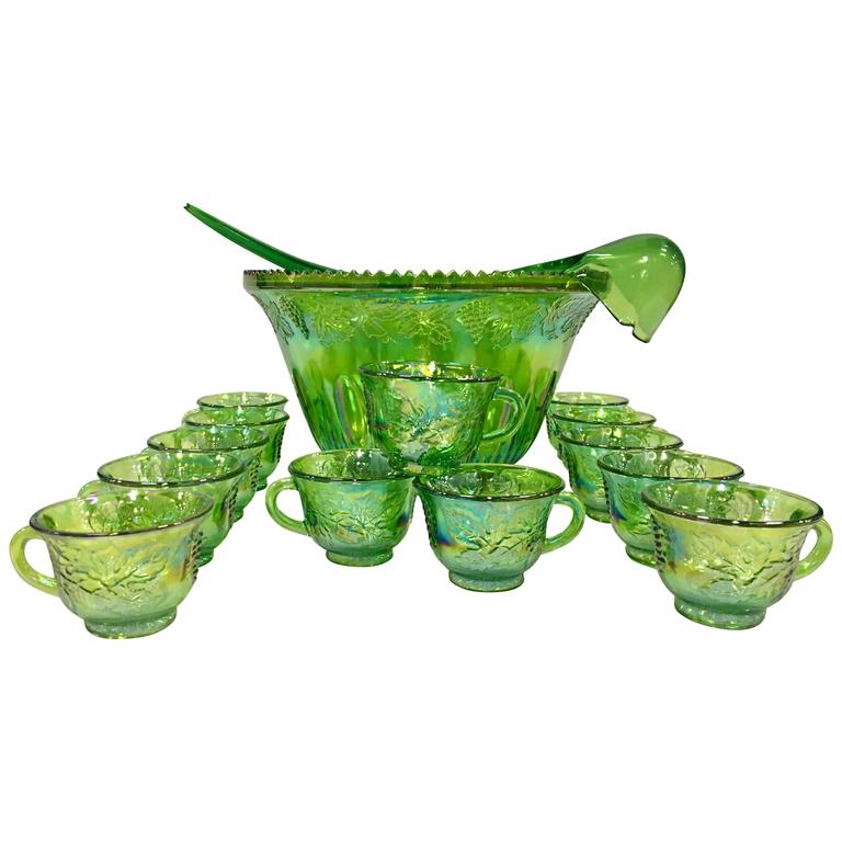 MidCentury Green Cut Glass Punch Bowl Set of 17 at 1stDibs