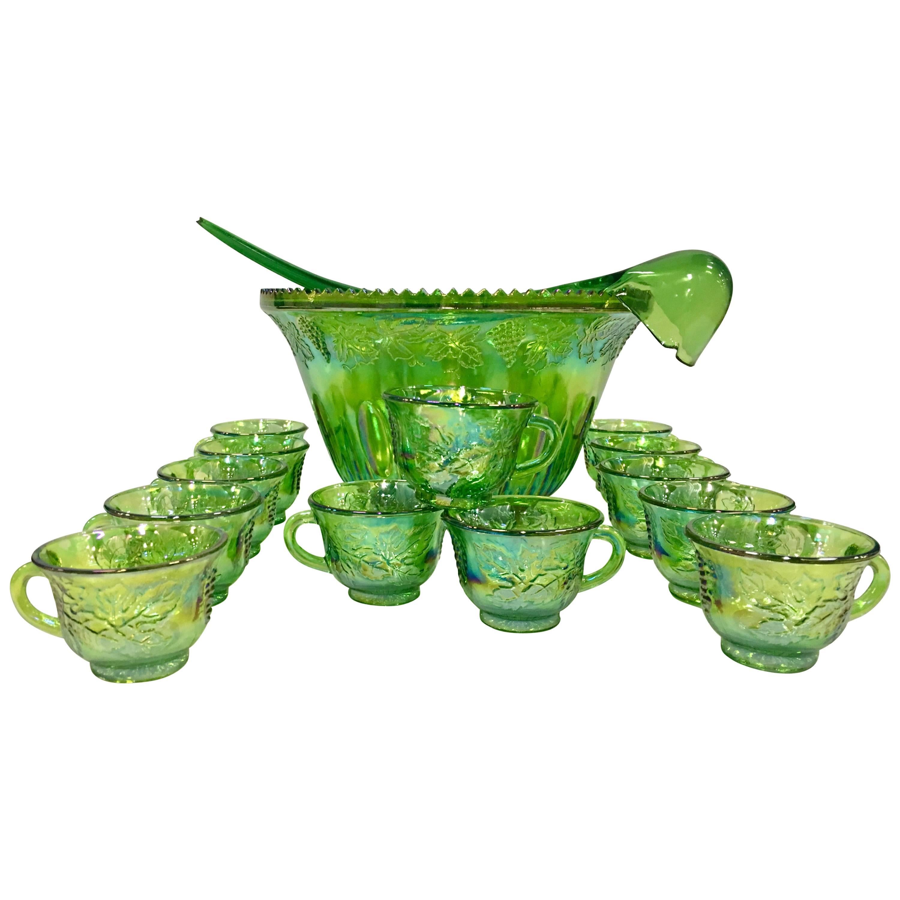 Mid-Century Green Cut Glass Punch Bowl Set of 17