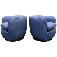 Pair of Mid-Century Rocking Swivel Barrel Chairs with Walnut Plinth 1
