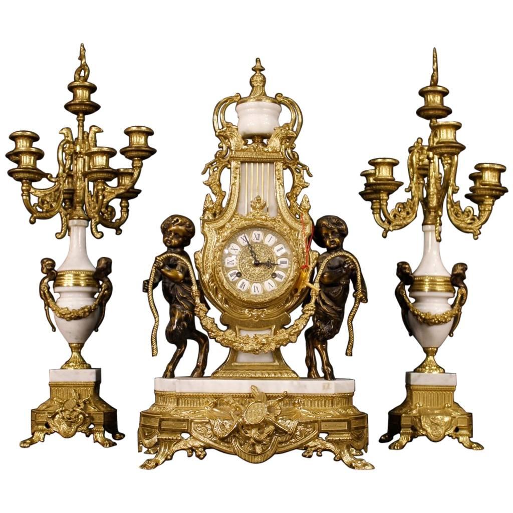 20th Century German Triptych Clock with Candlesticks in Marble